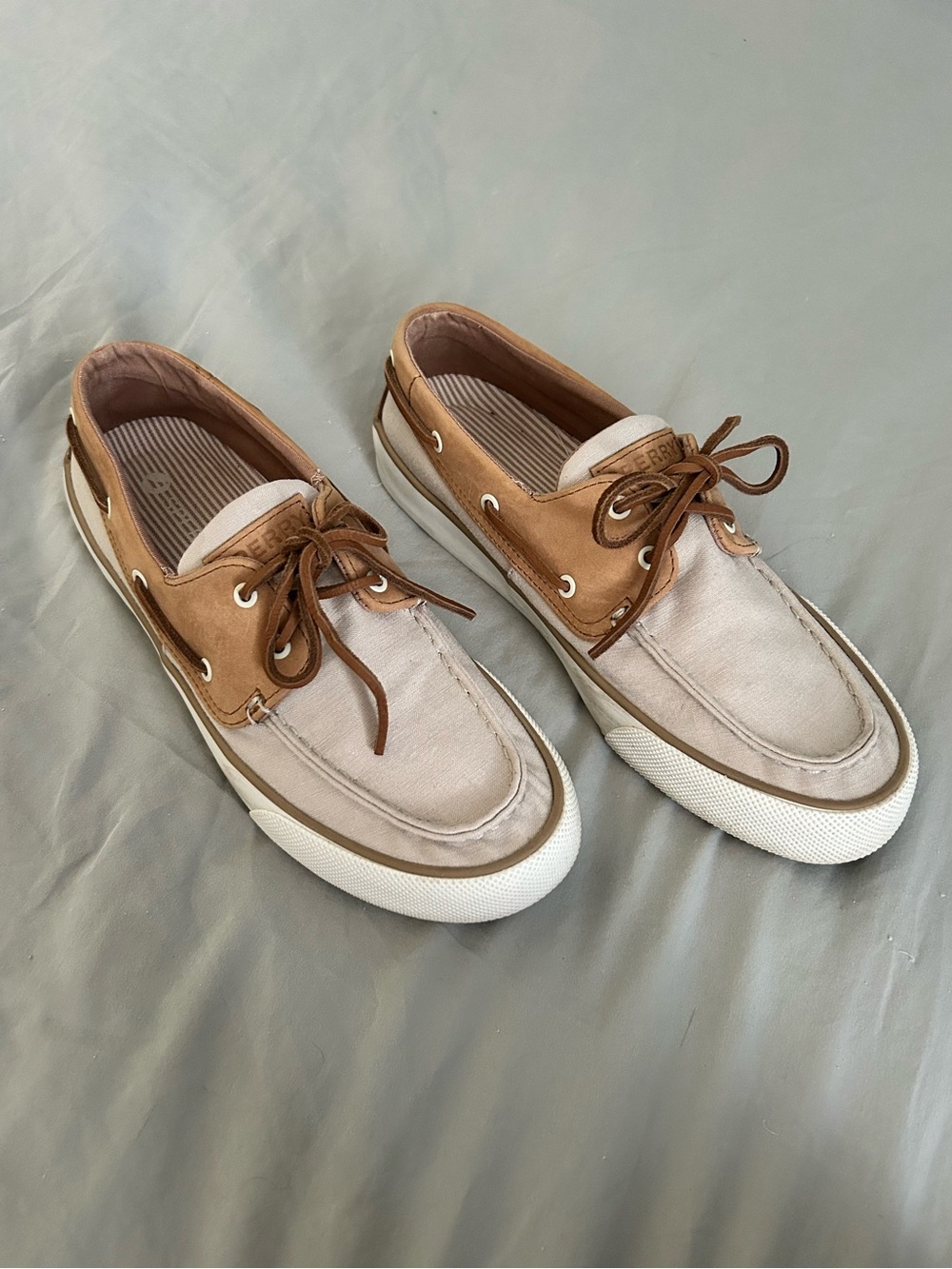 Sperry Two-Tone Beige Canvas and Brown Leather Boat Shoes